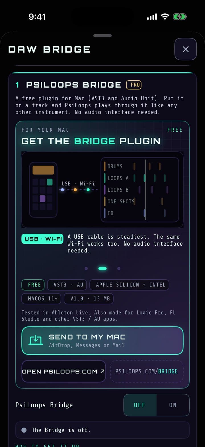 PsiLoops' DAW Bridge page with the Get the Bridge plugin card