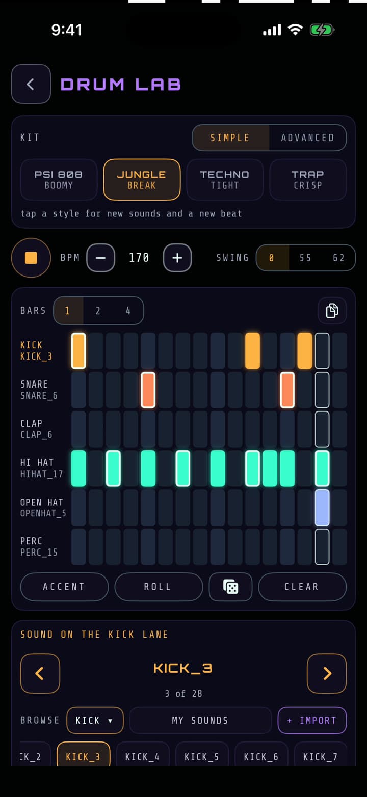 Drum Lab with a Jungle beat across six lanes