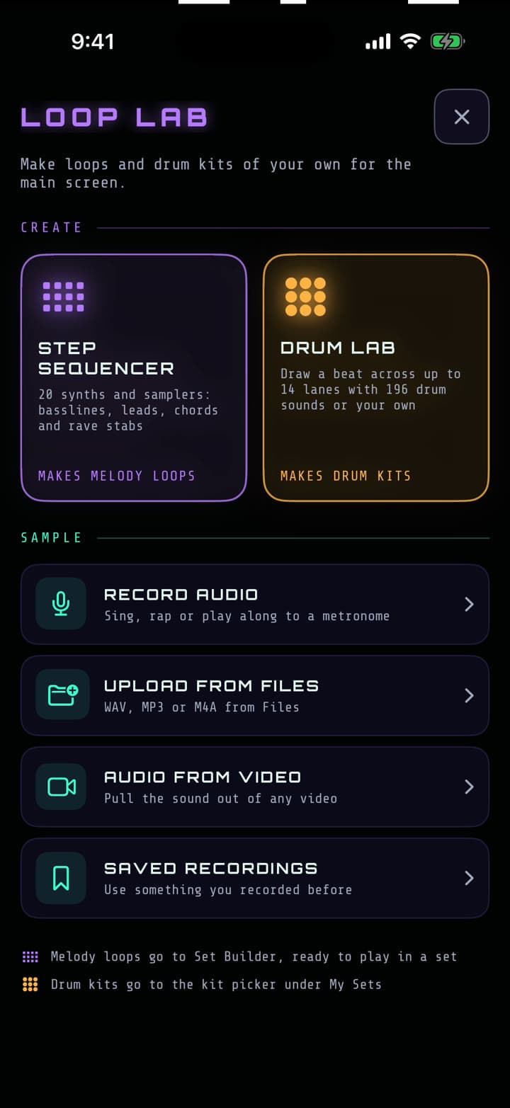 The Loop Lab menu: Step Sequencer, Drum Lab and four ways to sample