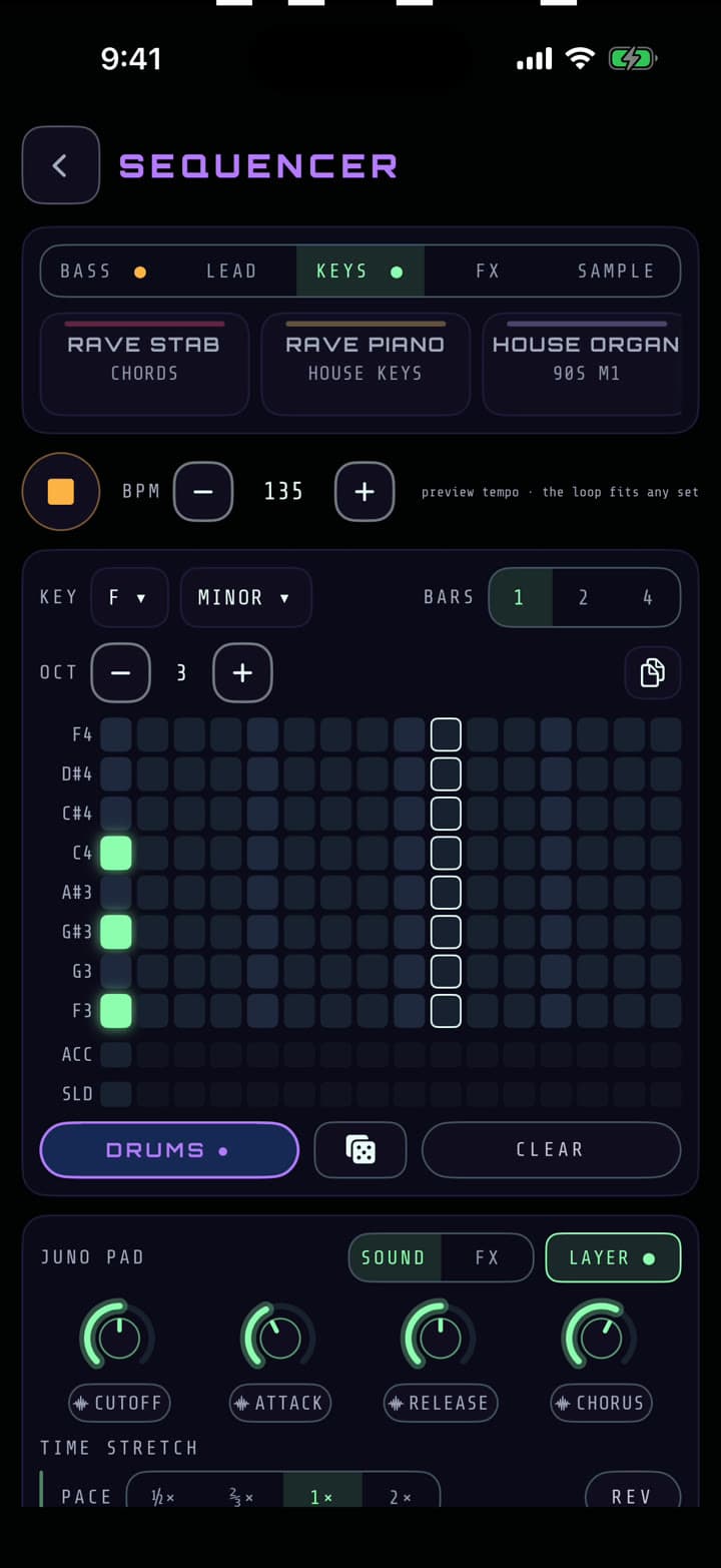 The sequencer with a Juno Pad layer and its sound knobs