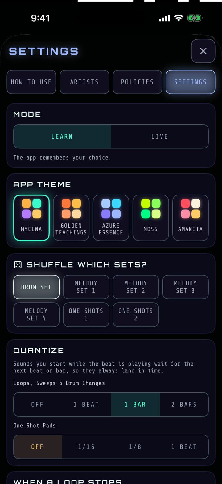 PsiLoops settings: mode, themes, shuffle and quantize